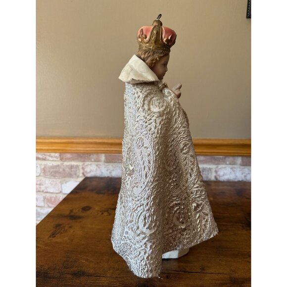 Vintage Infant Jesus of Prague Statue Spanish Olot Chalkware Silver Brocade - Picture 4 of 16